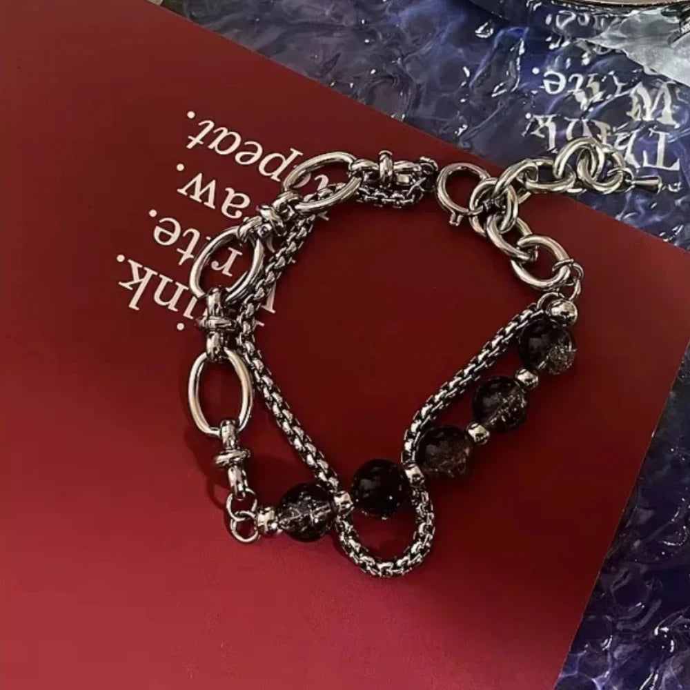 Retro Black Cracking Beads Bracelet for Men Women Stainless Steel Double Layered Chain Fashion Hip-pop Jewelry Pulseras