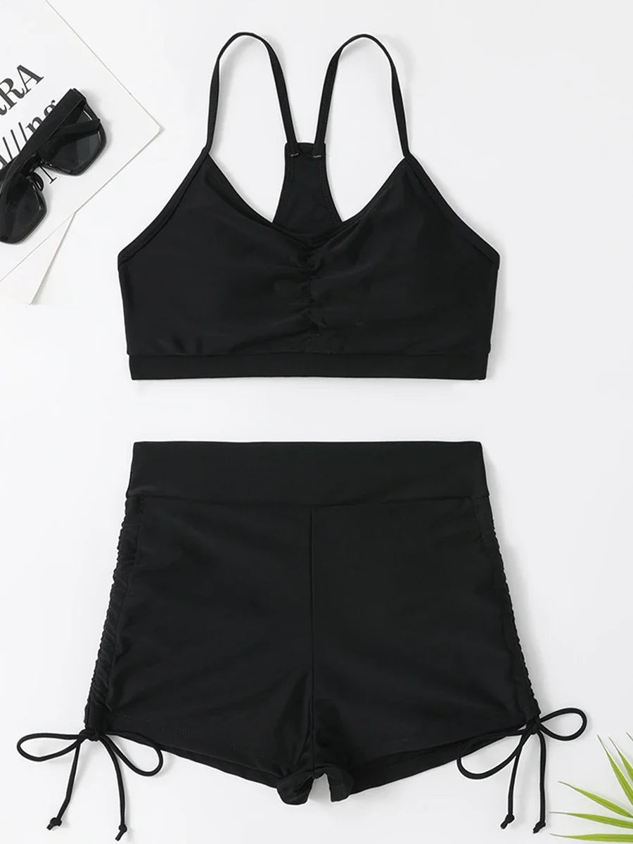 Drawstring Front Shorts Bikinis High Waist Swimsuit Women Swimwear Female Bathers Bathing Swimming Swim Suit Beachwear