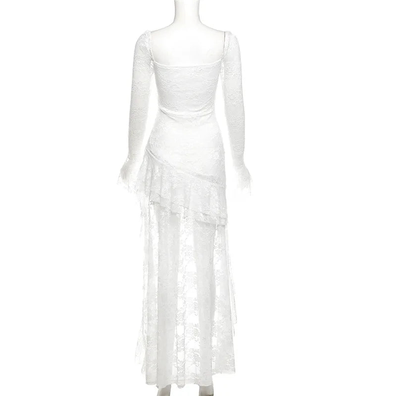 Goth Dark Fairycore Lace Flare Sleeve Square Neck A-line Dress Sweet E-girl Irregular Long Hem Dresses Cyber Y2K Party Vestido