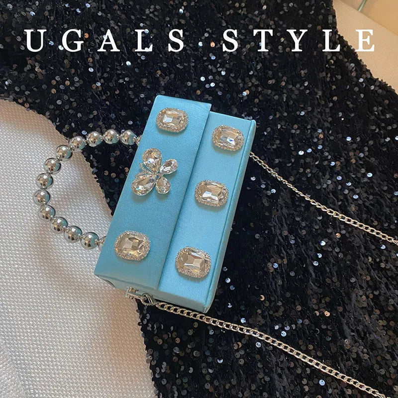 Luxury Designer Satin Square Box Crystal Shiny Diamonds Evening Bag Women's Handbag Wedding Party Clutch Purse Crossbody Bag