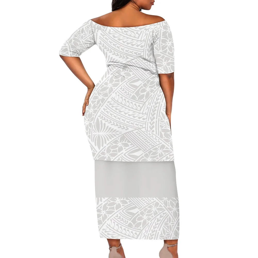 Summer Islander Women Puletasi Samoa Dresses Lady Short Sleeve Off shoulder Two Piece Set Polynesian Tribal Clothing White Print