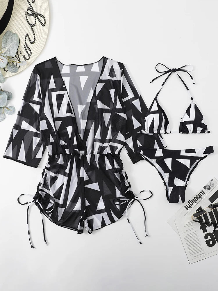 New 3 Piece Bikini Set Plus Size Swimsuit Women Long Sleeve Cover Up Print Halter Swimwear Beach Wear Sexy Bathing Suit 3XL