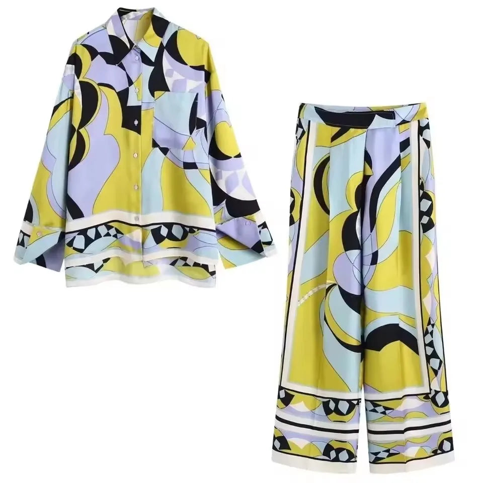 Print Women's Pajama Set Oversize Green Ladies Summer Sleepwear Trouser Suit Long Sleeve Vintage