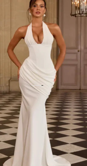 Sexy Yellow Mermaid Maxi Dress Halter Plunging V Neck Pleated Bust Ruched Waist Bodycon Dresses Trendy Social Gathering Vestido