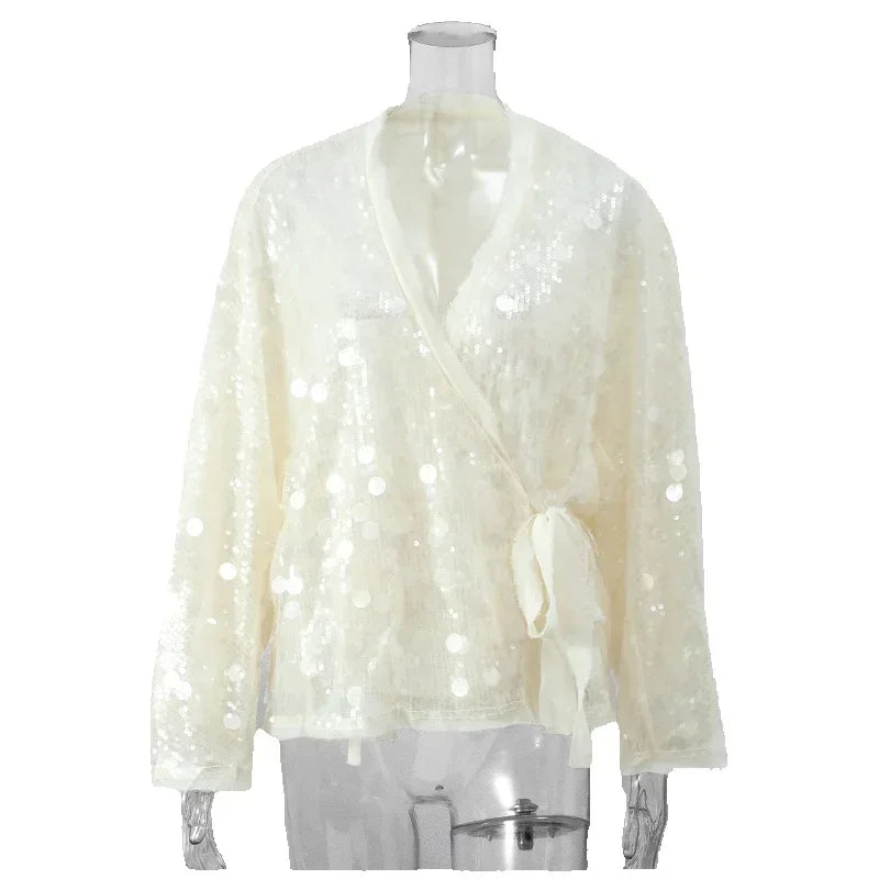 Fashion Women Sequined Lace Up Looseen Shirt Casual Female Long Sleeves V Neck Blouse 2025 Chic Female Spring Commute Streetwear