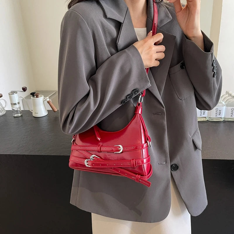 LEFTSIDE Belt Design Small PU Leather Shoulder Bags for Women 2025 Y2K Korean Fashion Crossbody Bag Lady Red Handbags and Purses