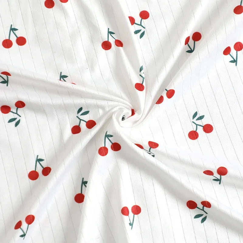 Women's Pajamas Set Cherry Print Lace Trim Sleepwear Short Sleeve V-Neck Top & Shorts Summer 2 PCS Set Cute Homewear Loungewear