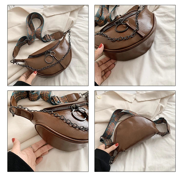 Fashion Saddle Waist Bag Fanny pack Luxury Leather Female Belt Bags Chain Handbag Purse Woman Retro Shoulder Crossbody Chest Bag