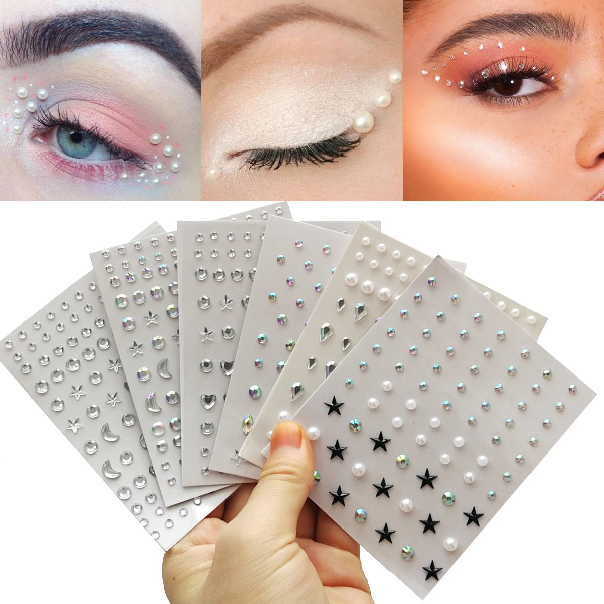 3D Eyes Face Makeup Temporary Tattoo Self Adhesive Beauty White Pearl Jewels Stickers Festival Body Art Decorations Nail Diamond