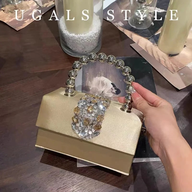 Luxury Designer Satin Square Box Crystal Shiny Diamonds Evening Bag Women's Handbag Wedding Party Clutch Purse Crossbody Bag