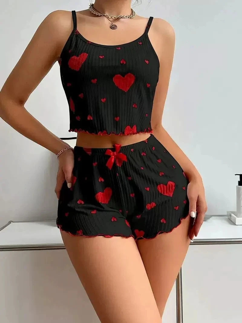 Women's Kawaii Pink Heart Print Pajama Set, Ribbed Spaghetti Strap Crop Top & Shorts, Summer Sleepwear Loungewear
