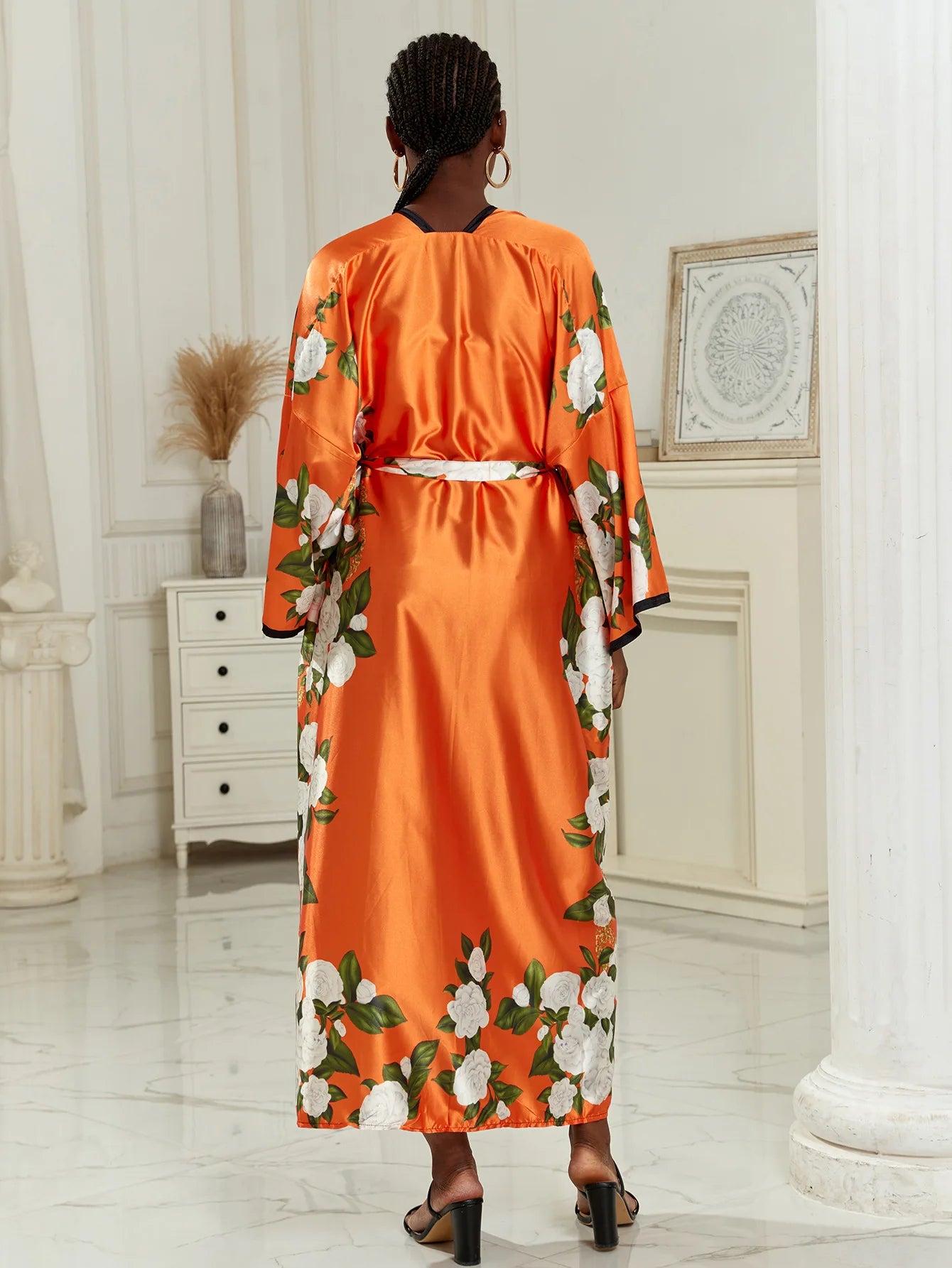 Long Kimono Bath Robe Gown Wide Sleeve Print Flower Robe Women Satin Nightgown New Silk Satin Nightdress V-Neck Lounge Sleepwear