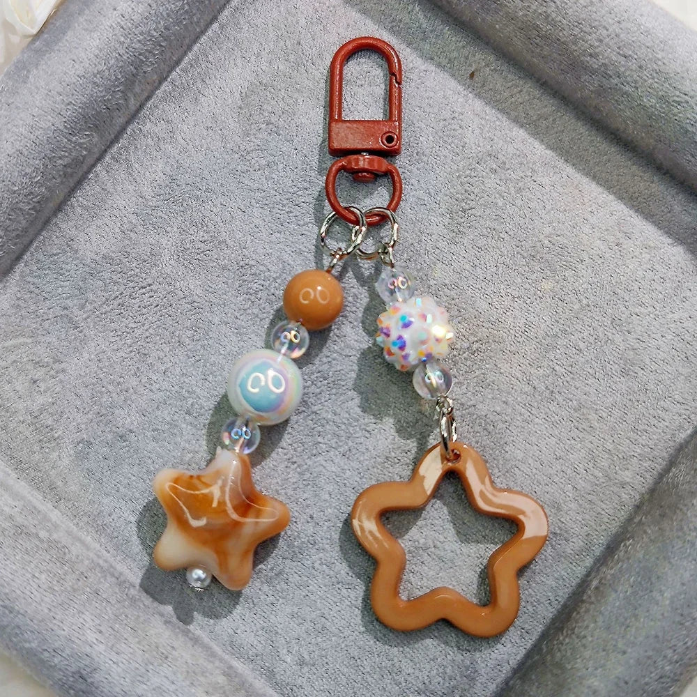 Gradient Color Star Beaded Keychain Imitation Pearl Acrylic Hollow Pentagram Keyring Girls Earphone Case Phone Decor Ornaments