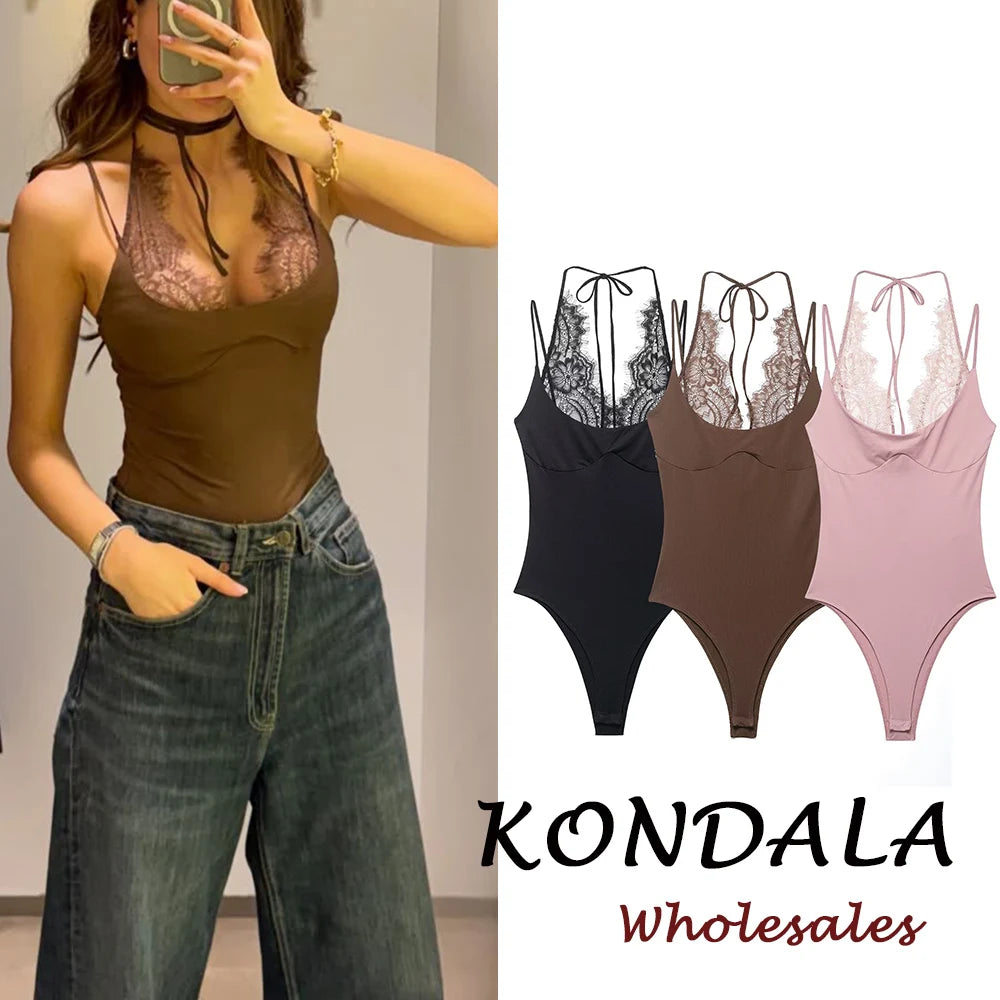 KONDALA Woman Sexy Night Party Pink Bodysuits Patchwork Lace Sleeveless Streetwear Slim Bodysuits Fashion Mujer Sheath Tops