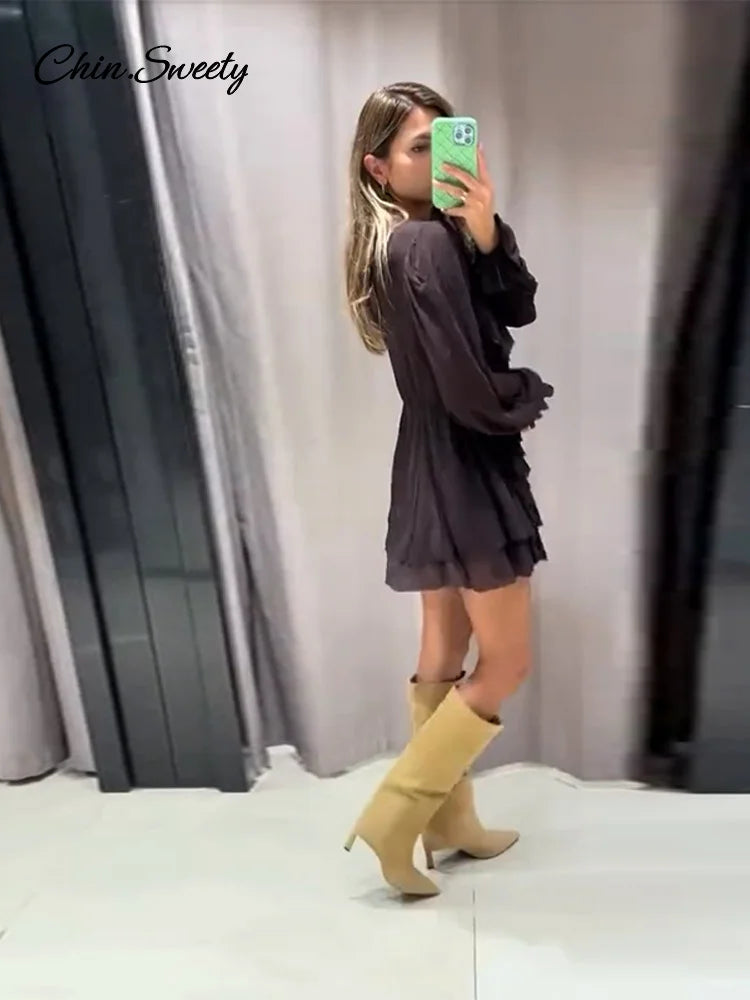 Sexy Ruffles Short Dress V-neck Long Lantern Sleeve Pleated Brown Party Dresses Female Spring Summer Lady Loose Vestidos