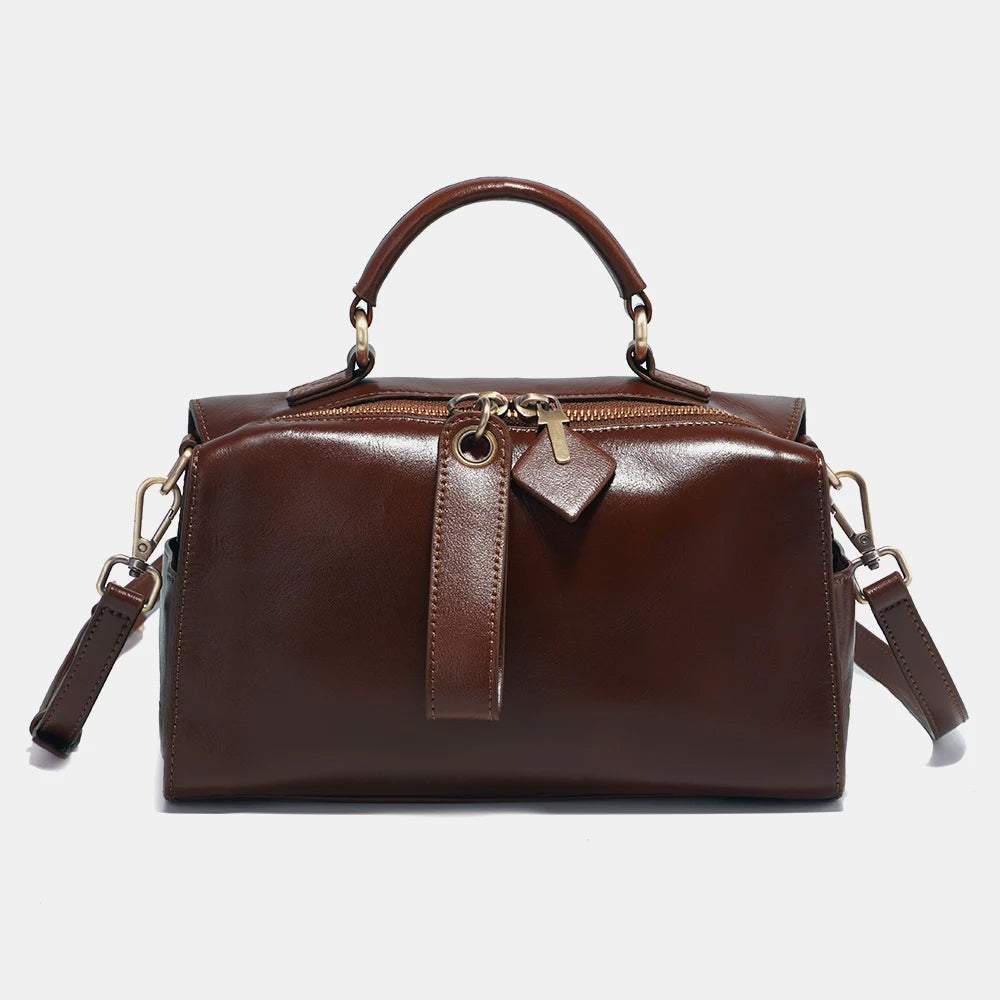 Zency Oil Wax Leather Vintage Green Handbag Women Shoulder Bag Satchel Black Wave Pattern Wide Strap Classic Boston Bag Purse