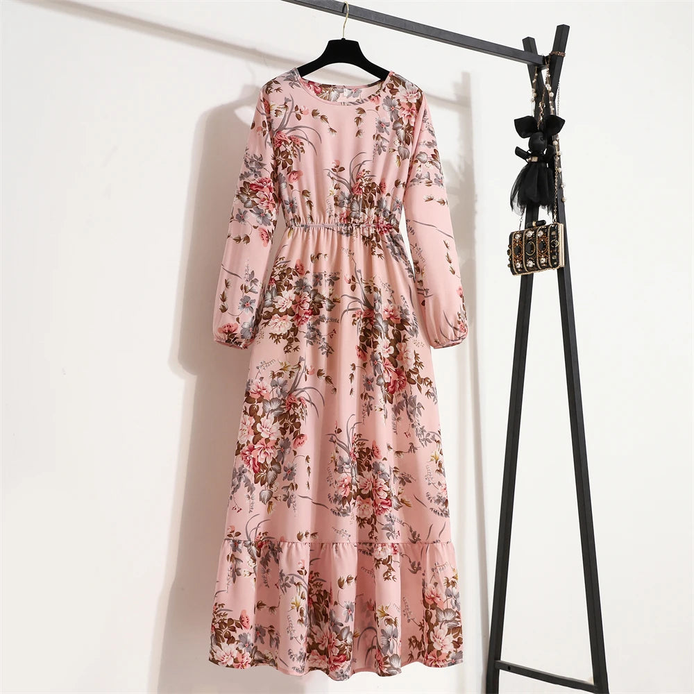 Spring Summer Women Maxi Dresses Casual Full Sleeve Floral Printed O-neck Woman Bohe Beach Party Long Dress Mujer Vestidos