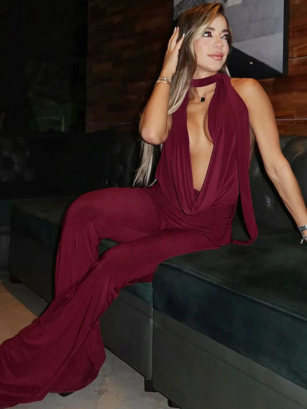 Dulzura Summer Solid Sexy Halter Swinging Collar Backless Slim Lace Up Flared Jumpsuit