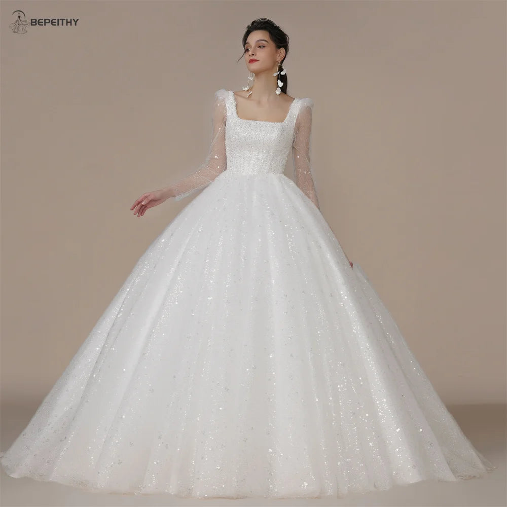 BEPEITHY Customized Luxury Strapless A Line Glitter Wedding Dresses Off The Shoulder Women Ivory Bling-Bling Bride Bridal Gown