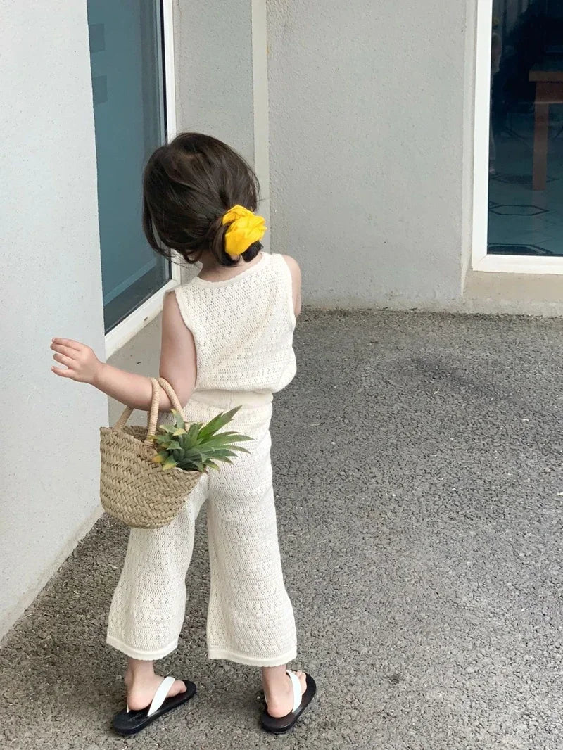 Girl's Clothing Summer Korean Thin Knitted Girl Set Children Hollow Breathable Vest + Wide Leg Pants Two-piece Suit