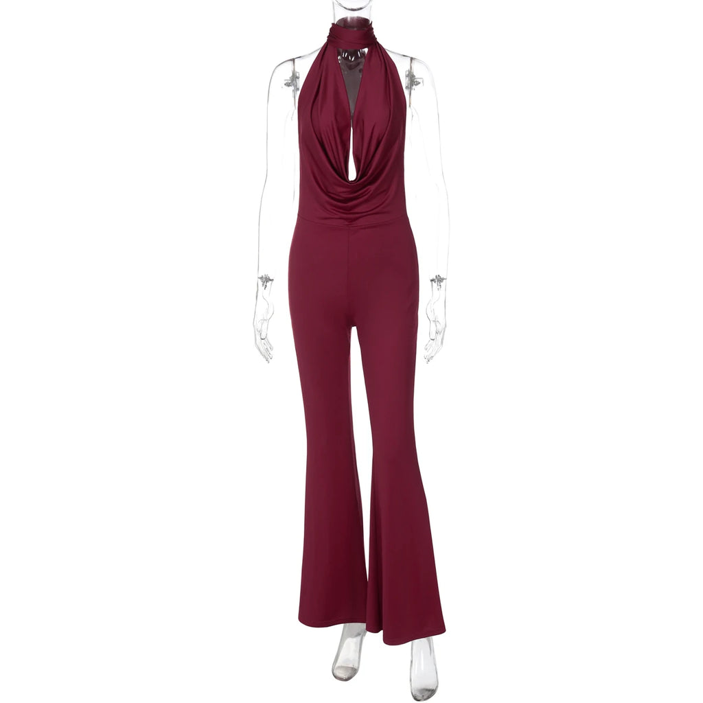 Dulzura Summer Solid Sexy Halter Swinging Collar Backless Slim Lace Up Flared Jumpsuit
