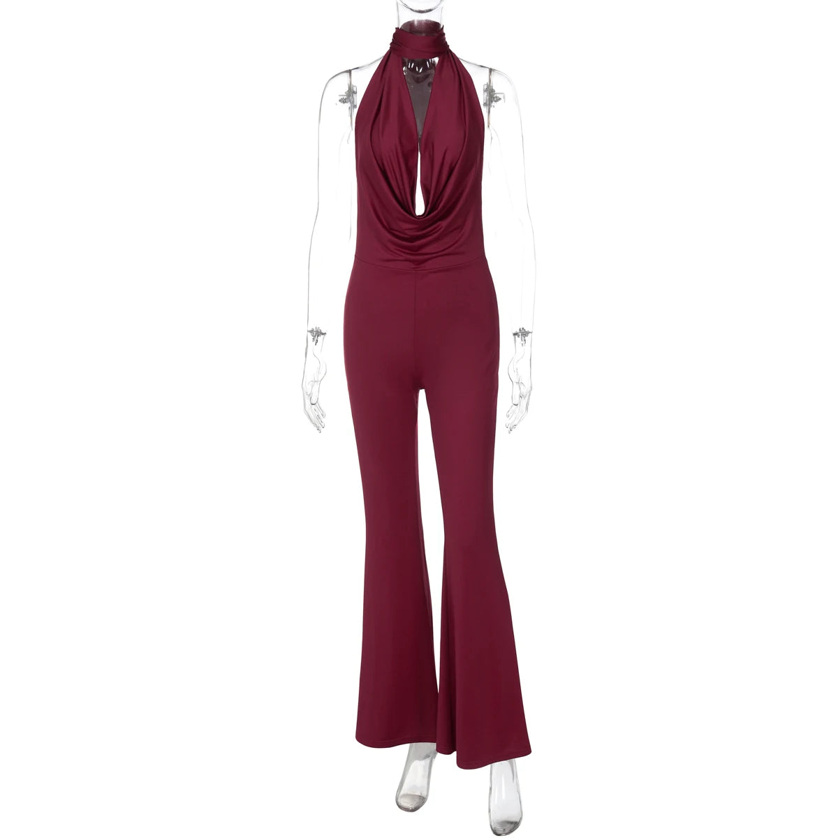 Dulzura Summer Solid Sexy Halter Swinging Collar Backless Slim Lace Up Flared Jumpsuit
