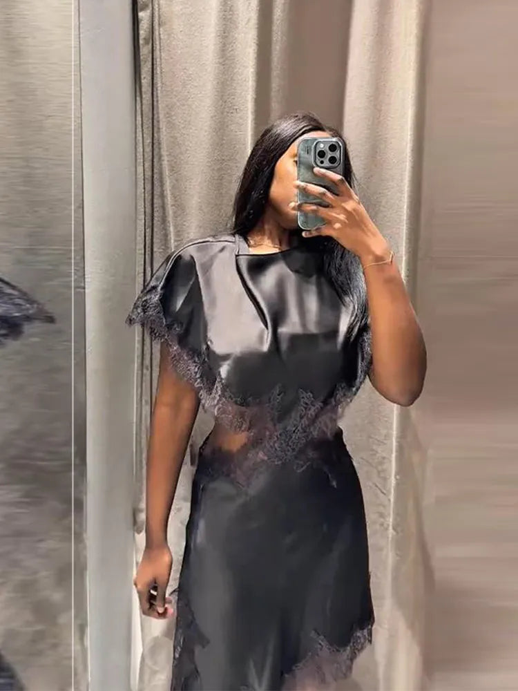 Lace Women's Dress Opening Design Solid Dress Female Sexy O-Neck Hollow Waist Elegant Party Dresses Slanted Hem Dresses Ladies