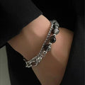 Retro Black Cracking Beads Bracelet for Men Women Stainless Steel Double Layered Chain Fashion Hip-pop Jewelry Pulseras