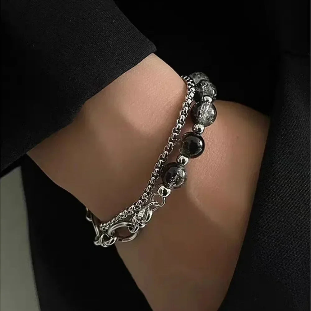 Retro Black Cracking Beads Bracelet for Men Women Stainless Steel Double Layered Chain Fashion Hip-pop Jewelry Pulseras