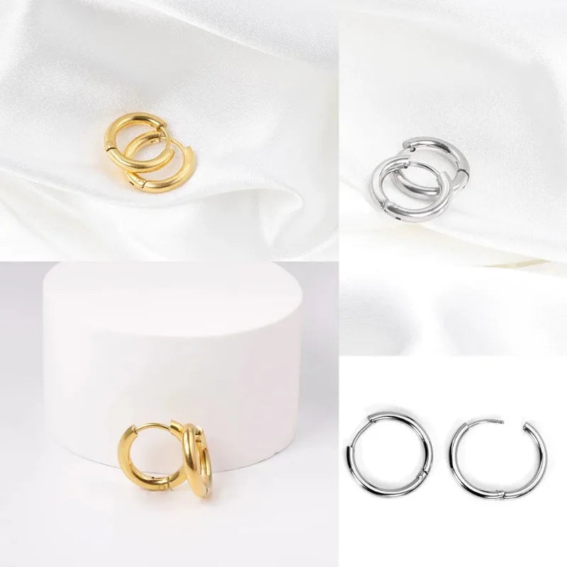 2Pcs Small Hoop Earrings for Women Men, Silver Color Stainles Steel Round Circle Pendientes Mujer Hypoallergeic