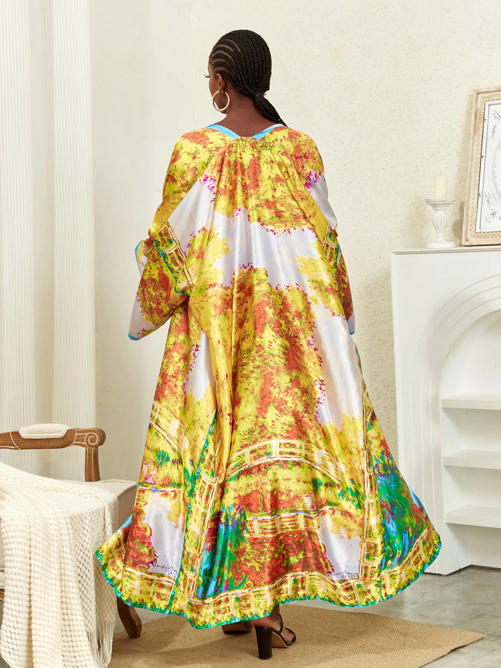 Long Kimono Bath Robe Gown Wide Sleeve Print Flower Robe Women Satin Nightgown New Silk Satin Nightdress V-Neck Lounge Sleepwear