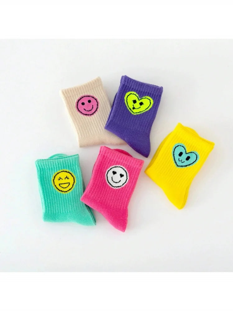 5 Pairs of New Four-Season Children's Socks with Smiley Face Expressions for Boys and Girls, Mid-Calf and High-Calf Socks