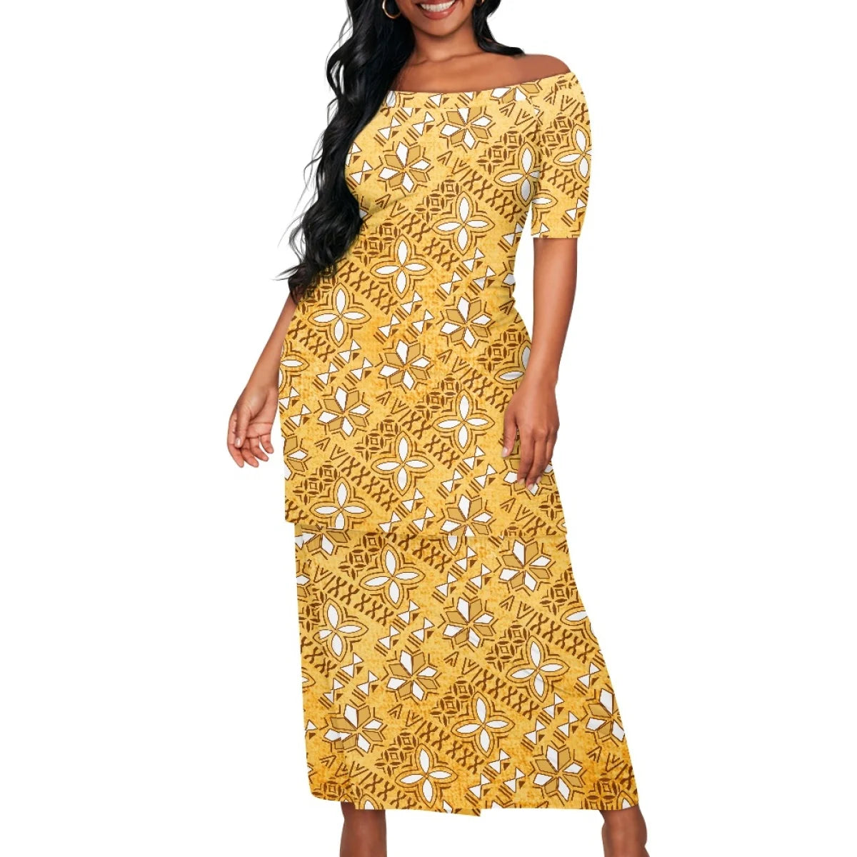Summer Islander Women Puletasi Samoa Dresses Lady Short Sleeve Off shoulder Two Piece Set Polynesian Tribal Clothing White Print
