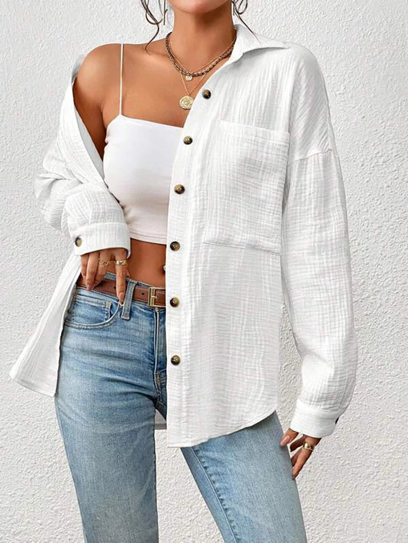100% Cotton Gauze Muslin Women Shirts Casual Turn Down Collar Long Sleeve Top Office Lady Elegant Blouses for Women Blusas