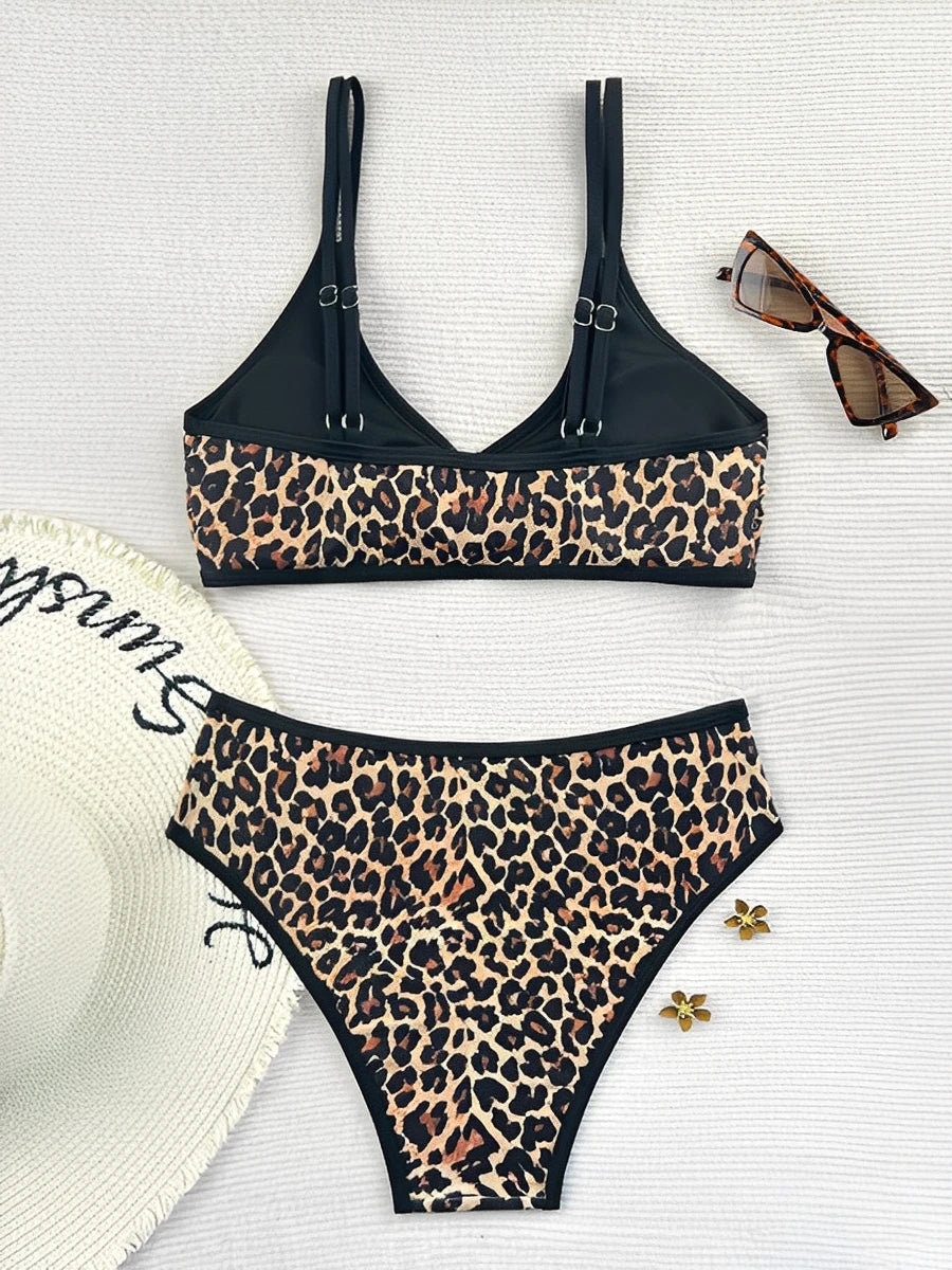 Leopard Bikinis High Waist Swimsuit Women Tie Front Strappy Swimwear Female Beachwear Bathers Bathing Swimming Swim Suit