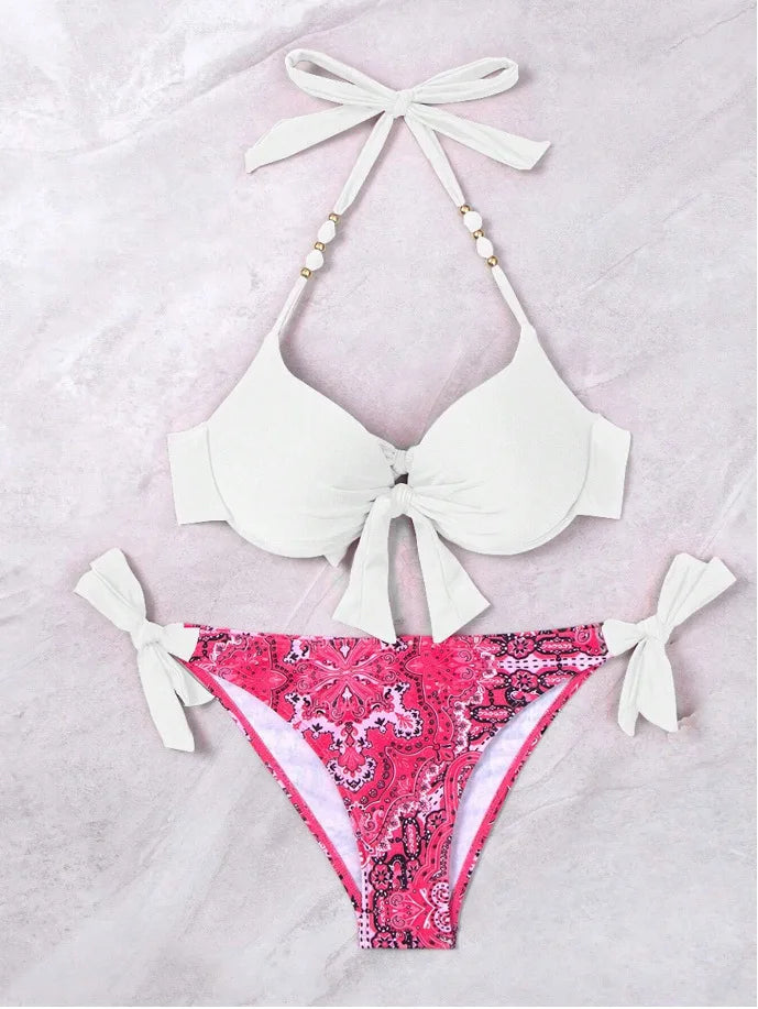 Push Up Halter Bikini Printed Swimsuit Women Sexy Strappy Swimwear Female Bathers Bathing Swimming Swim Suit Beachwear