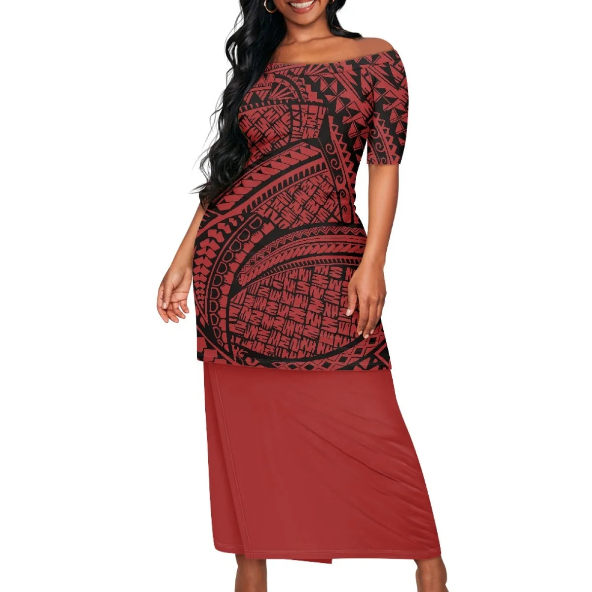 Summer Islander Women Puletasi Samoa Dresses Lady Short Sleeve Off shoulder Two Piece Set Polynesian Tribal Clothing White Print
