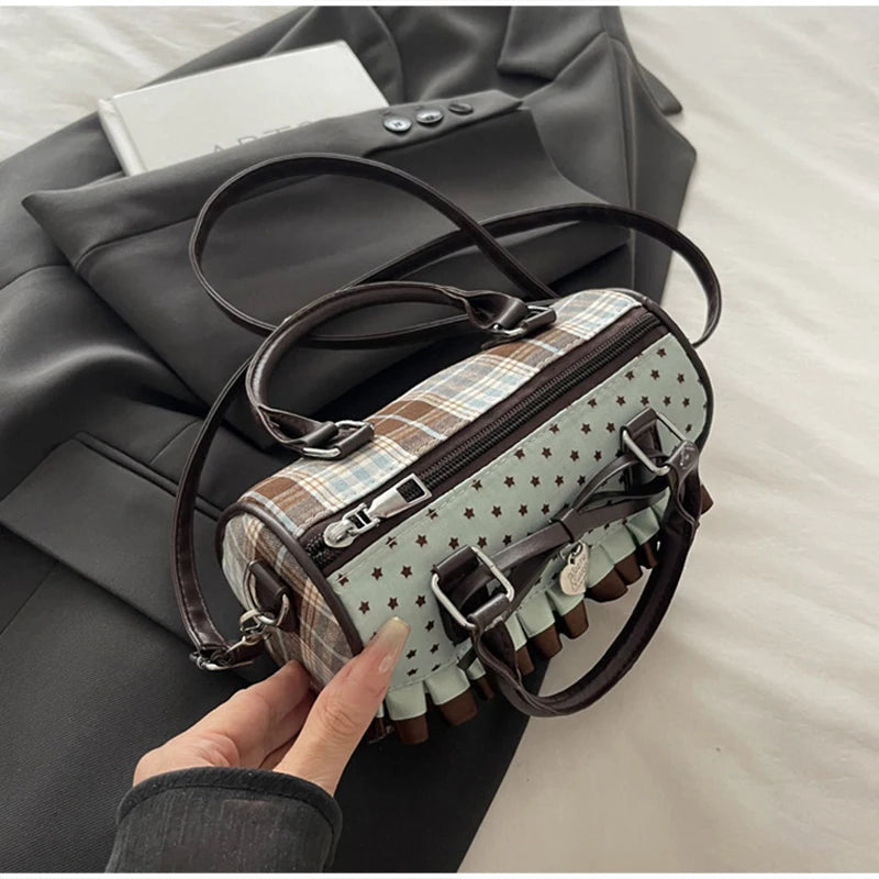 Korean Bow Pillow Bag Women Star Checkered Handbag Blue Brown Pleated Edge Shoulder Bag Cute Heart-shaped Pendant Crossbody Bag