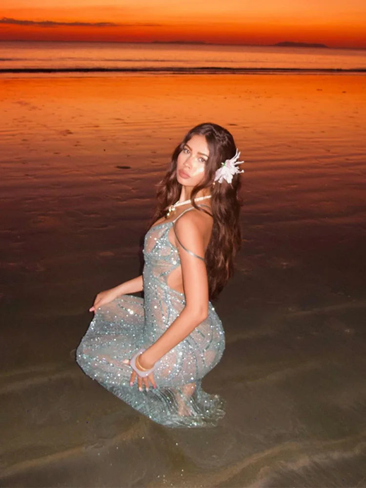 Sexy See Through Blue Sequin Dress For Woman Beautiful Sleeveless Backless V-neck Shiny Sheer Swimsuit Slim Fish Tail Vestidos