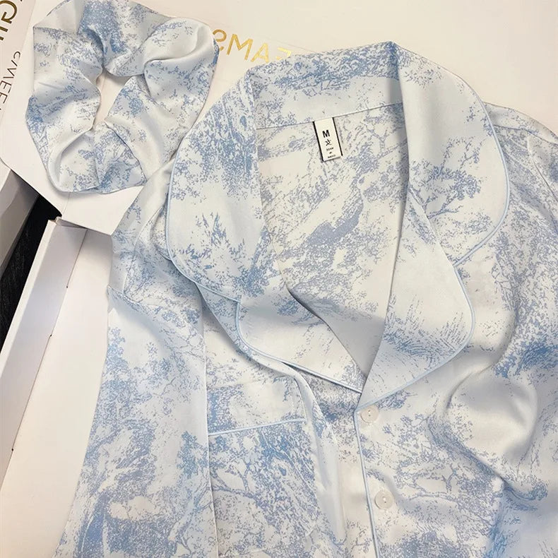 Women Sleepwear 2PCS Pajamas Set Sexy Print Flower Long Sleeve Trouser Suits Loungewear Loose Casual Satin Home Clothes Pyjama
