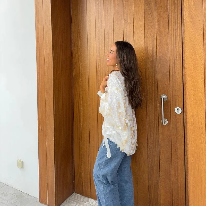 Fashion Women Sequined Lace Up Looseen Shirt Casual Female Long Sleeves V Neck Blouse 2025 Chic Female Spring Commute Streetwear