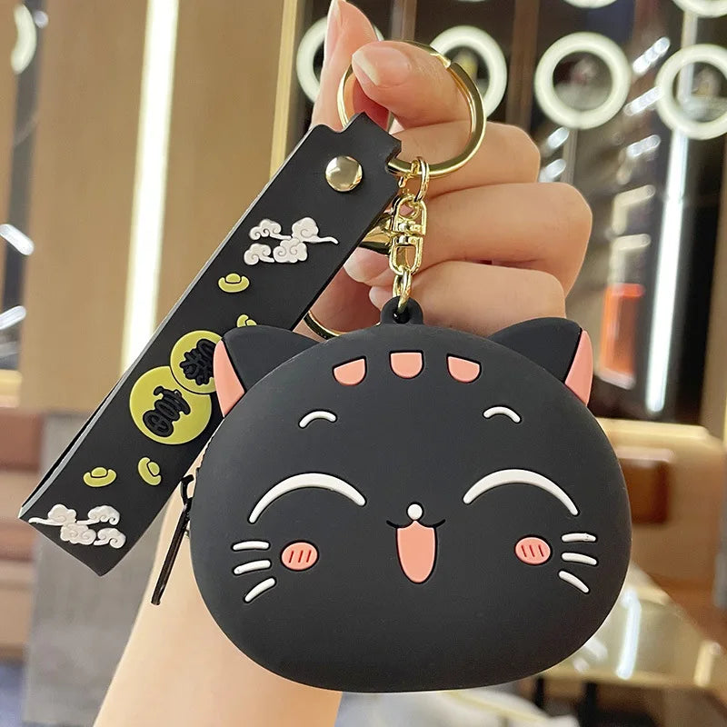Cute Cartoon Cat Silicone Coin Purse with Keyring Kawaii Kids Coin Bag Portable Data Cable Earphone Organizer Coin Key Pouch