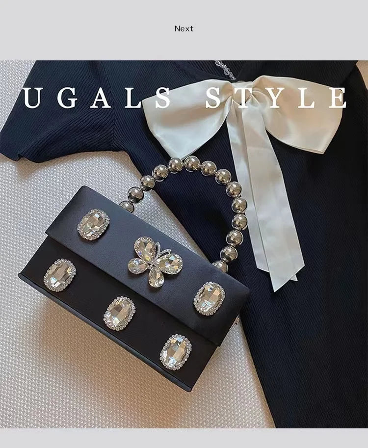 Luxury Designer Satin Square Box Crystal Shiny Diamonds Evening Bag Women's Handbag Wedding Party Clutch Purse Crossbody Bag