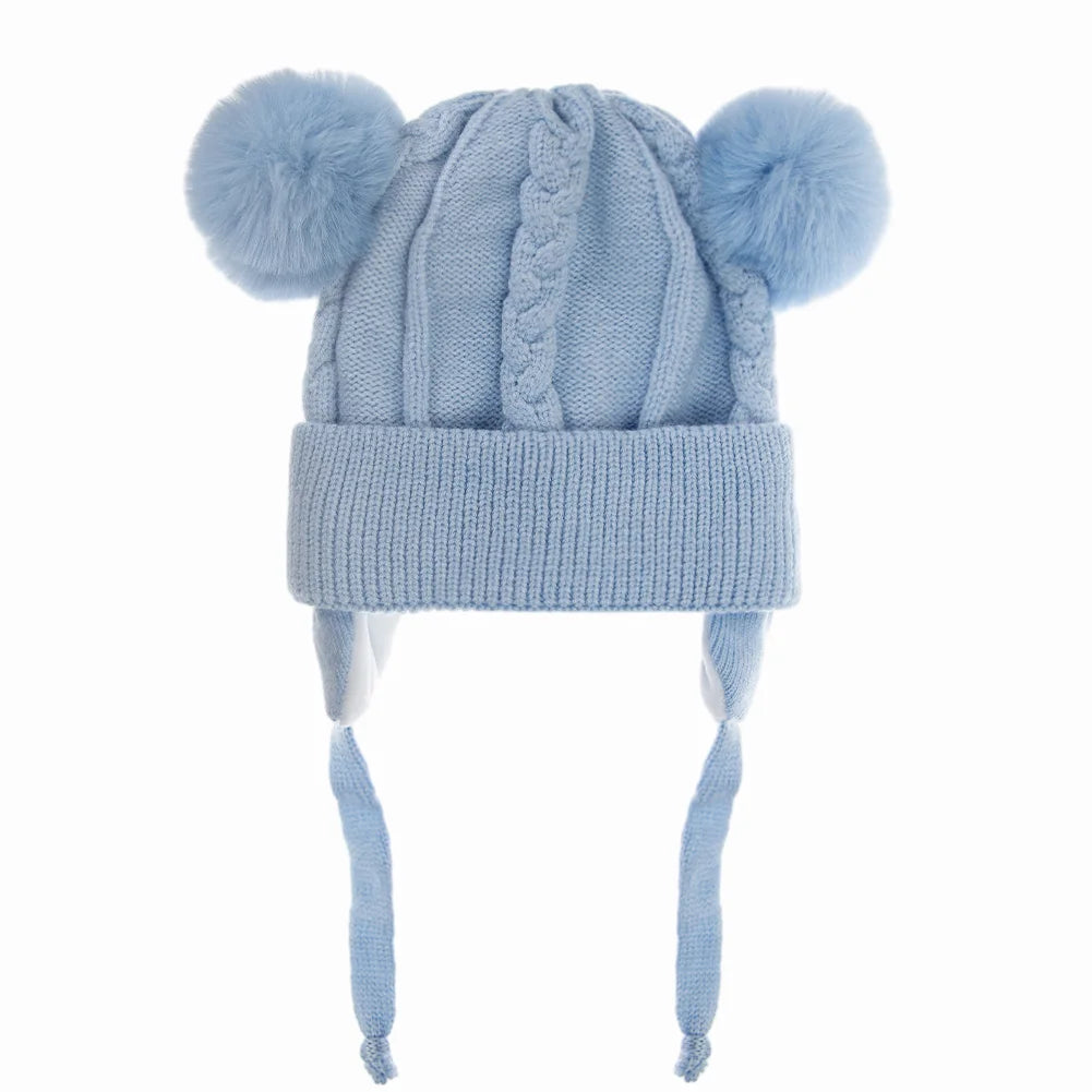 Cute Bear Earpuff Textured Knit Hats Pompom Baby Boys Girls Thick Warm Winter Ear Protection Caps Cotton Lining Kids Headwraps