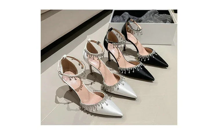 Comemore White Wedding Bridesmaid Shoes Satin Fashion Rhinestone Fringe Chain High Heels Black Temperament Elegance Pumps