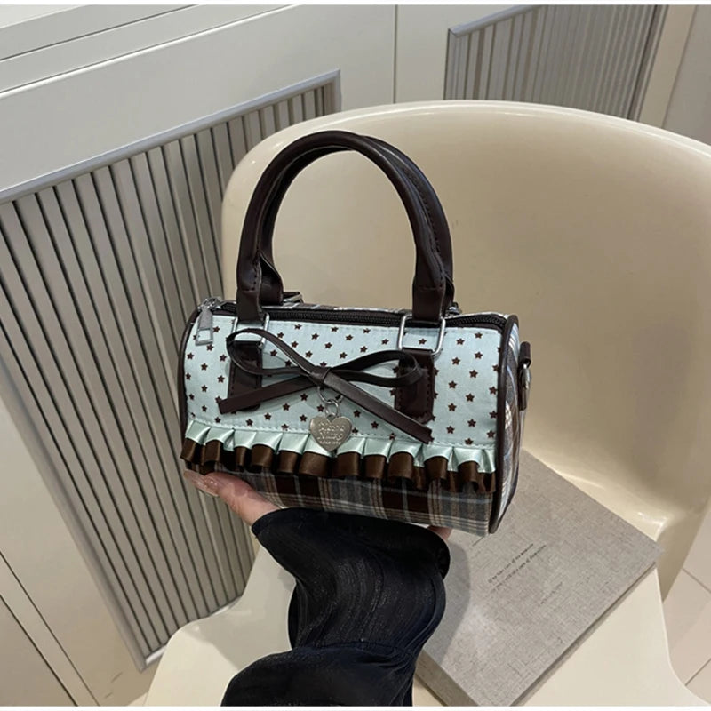Korean Bow Pillow Bag Women Star Checkered Handbag Blue Brown Pleated Edge Shoulder Bag Cute Heart-shaped Pendant Crossbody Bag