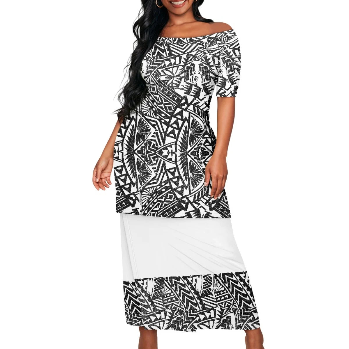 Summer Islander Women Puletasi Samoa Dresses Lady Short Sleeve Off shoulder Two Piece Set Polynesian Tribal Clothing White Print