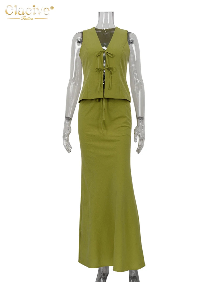 Clacive Sexy Slim Green Cotton 2 Piece Sets Women Outfit Summer Sleeveless Tank Top With Mid Waist Long Skirts Set Female