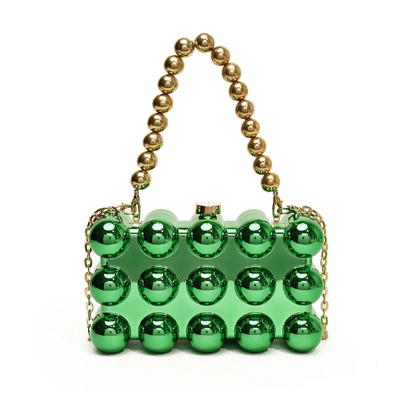 Gold Beaded Chain Banquet Purse Luxury Acrylic Cake Box Bag Women Niche Design Creative High-end Brand Elegant Shoulder Handbag