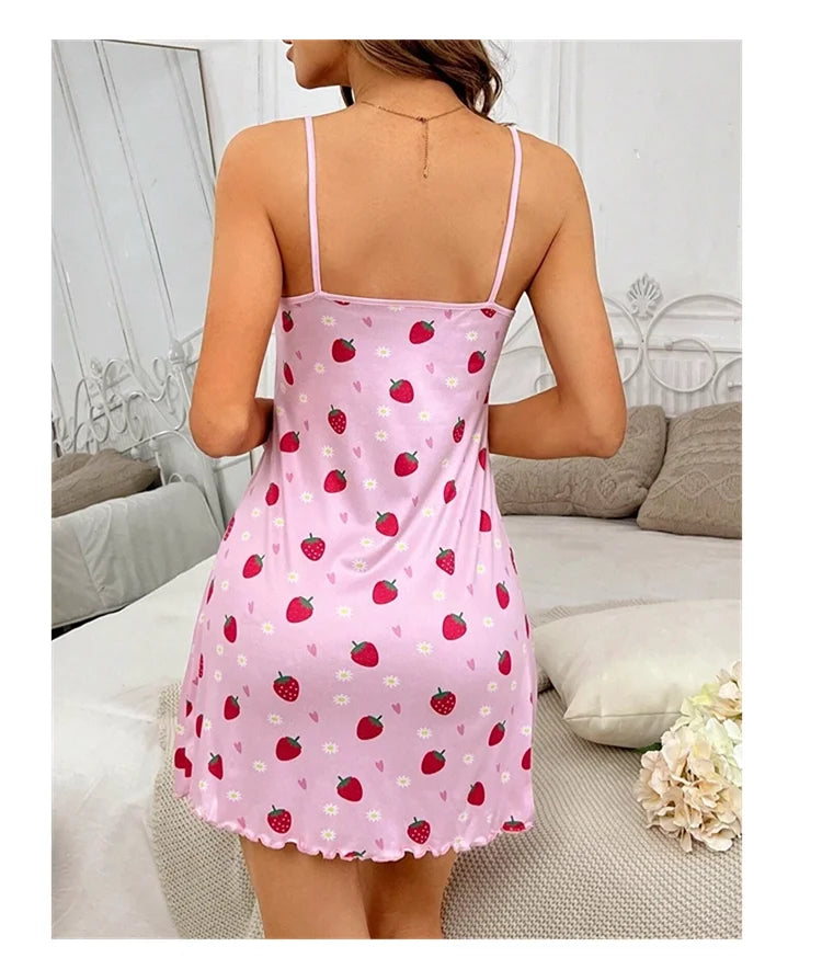 Women's Sleepwear Butterfly Print Lettuce Trim Nightdress Casual Round Neck Backless Mini Slip Dress Soft Comfortable Nightwear